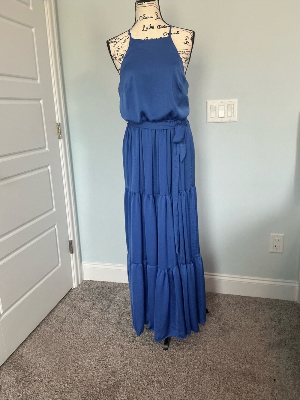 She + Sky Royal Blue Halter Tiered Maxi with Waist Tie